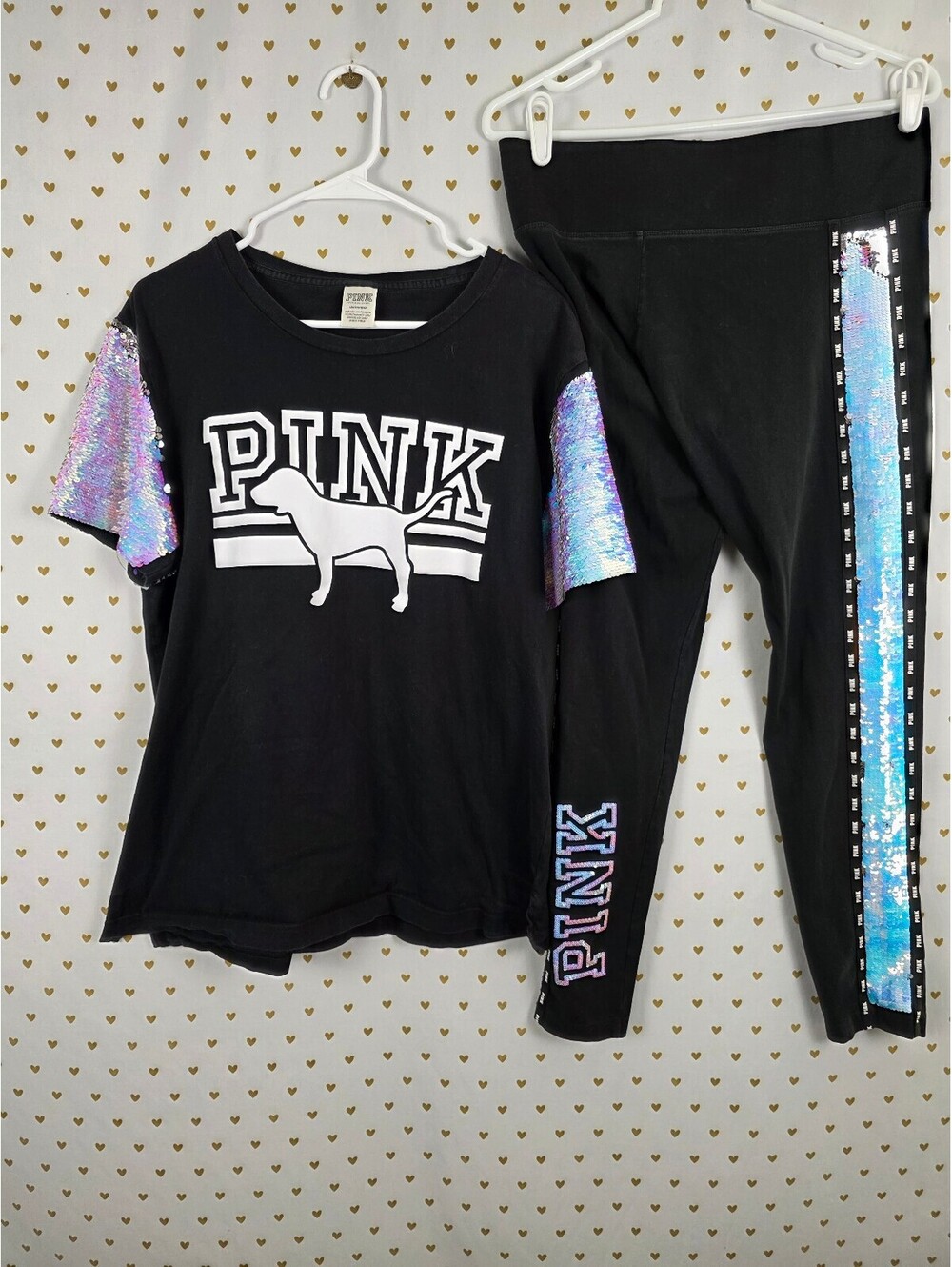 Victorias Secret PINK Mermaid Bling Large Flip Sequin SET 2pc Yoga Pants Tee L